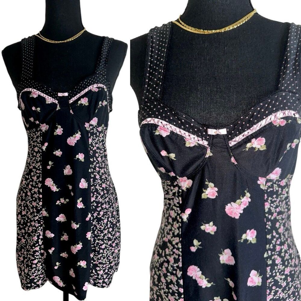 BISOU BISOU intimates black floral babydoll lingerie sleepwear nightie size M/L